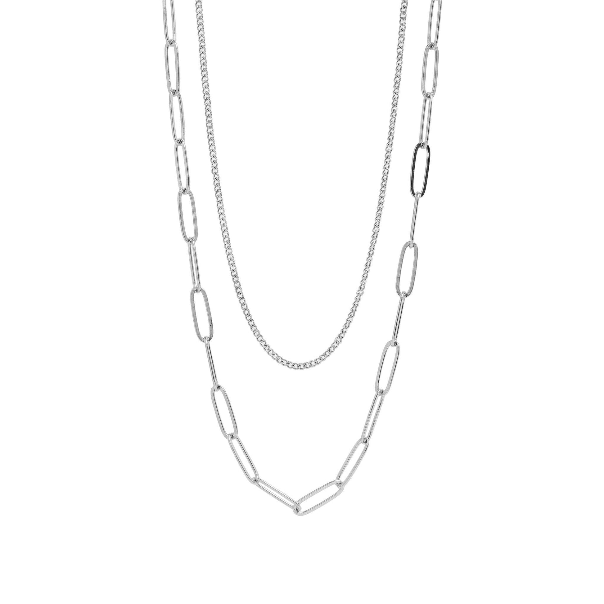 18K Gold PVD Stainless Steel Dainty Curb and Paperclip Layered Chain Necklace: Gold