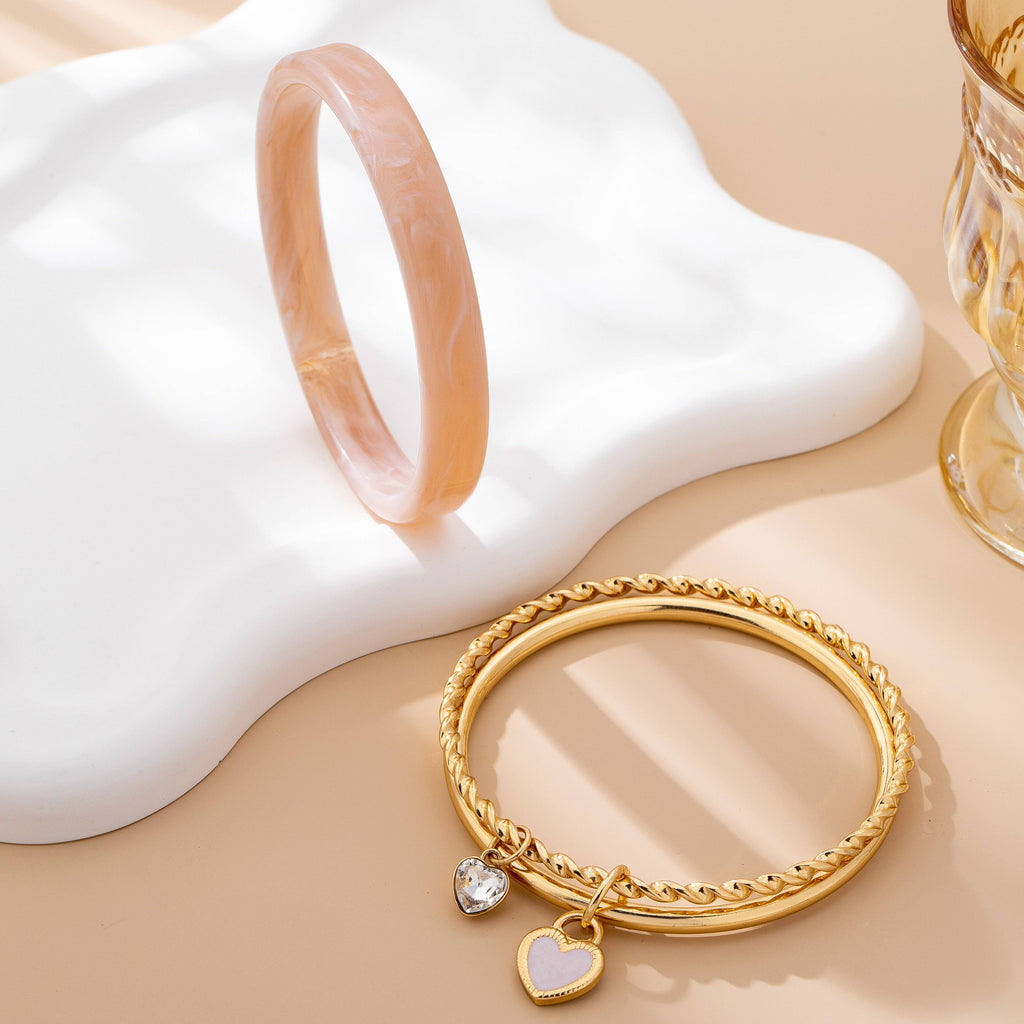 Gold and Acrylic Heart Charm Multi Bangle Set