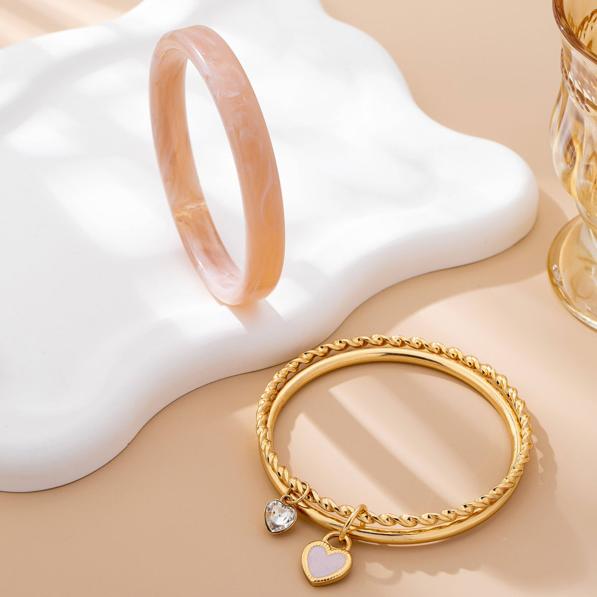 Gold and Acrylic Heart Charm Multi Bangle Set