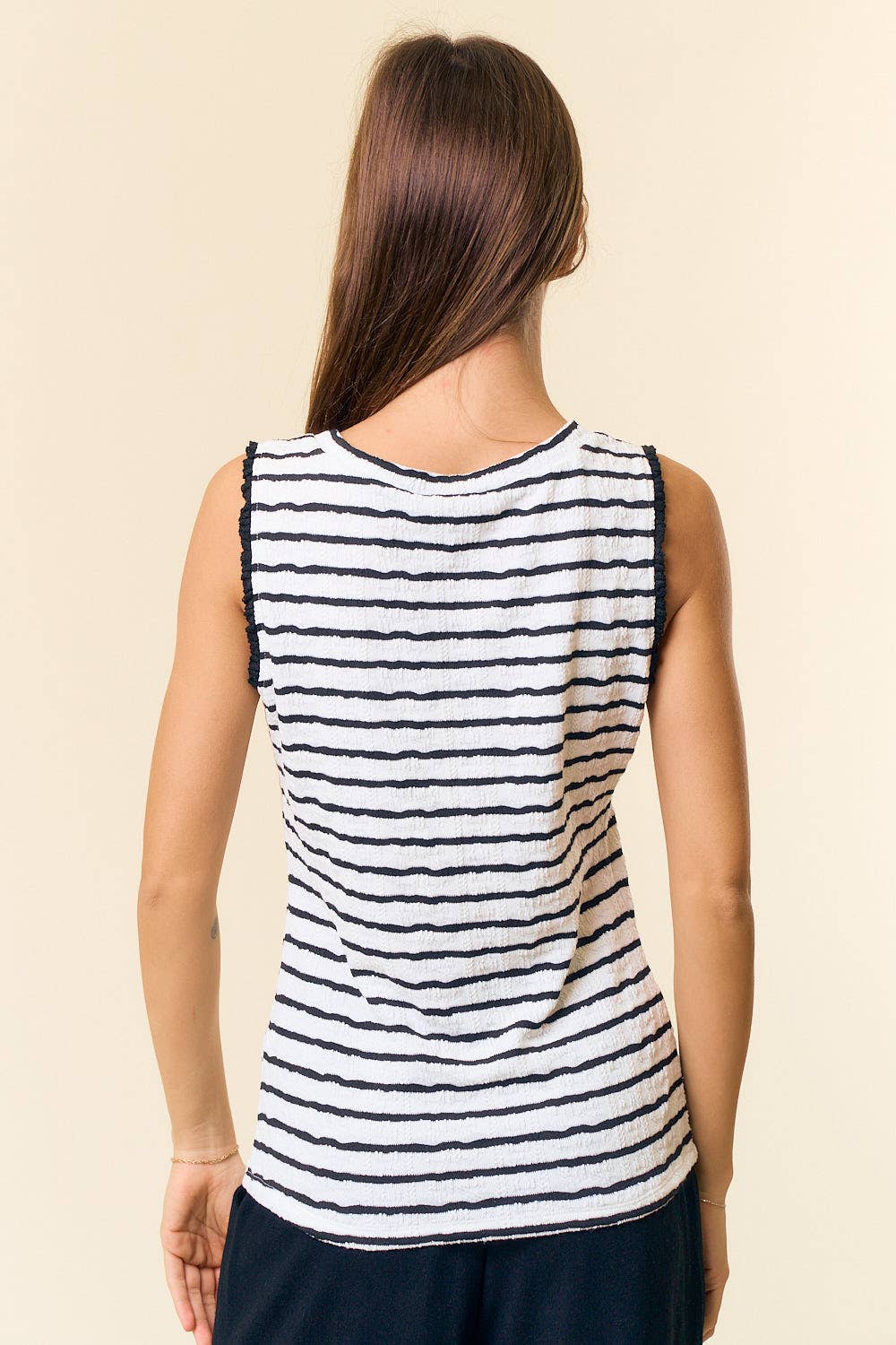 TEXTURED STRIPE KNIT RUFFLE TANK TOP