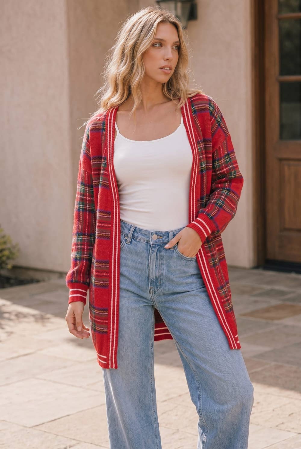 Red Plaid Open Front Knit Cardigan