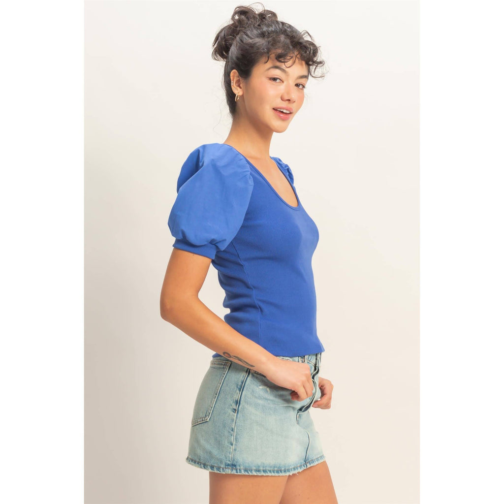 Ribbed Puff Sleeve Scoop Neck Top