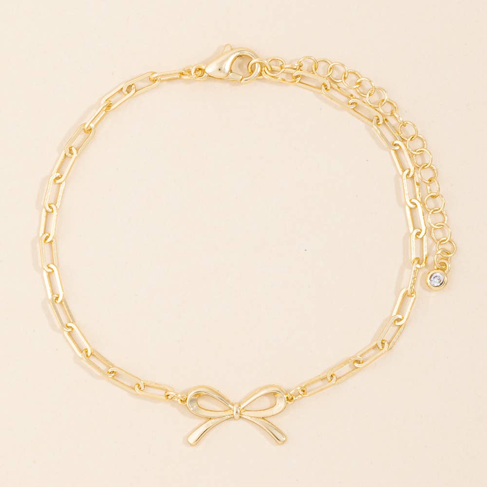 Gold Dipped Paperclip Chain Bow Charm Bracelet