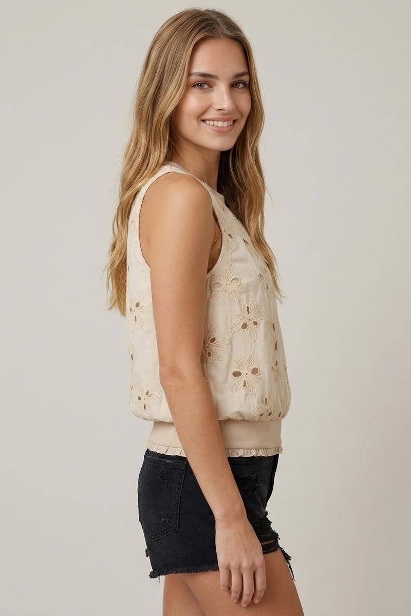 FLORAL EMBROIDERY WITH MINI RUFFLE BUTTON TOP