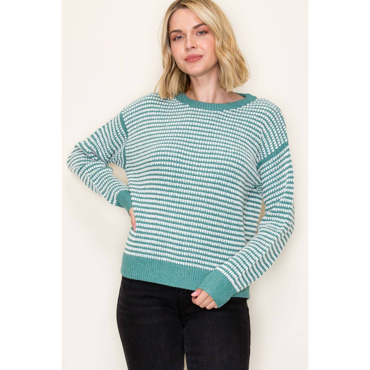 2 TONE WAFFLE STRIPED PULLOVER SWEATER
