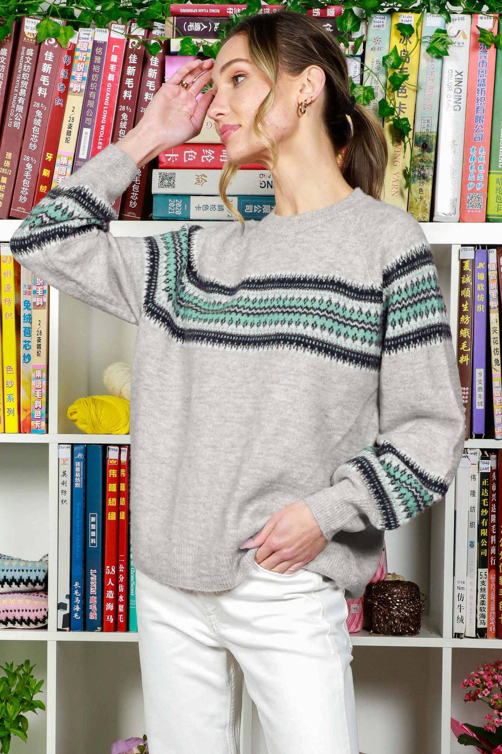 Crew Neck Balloon Sleeve Geo Pattern Printed Sweater