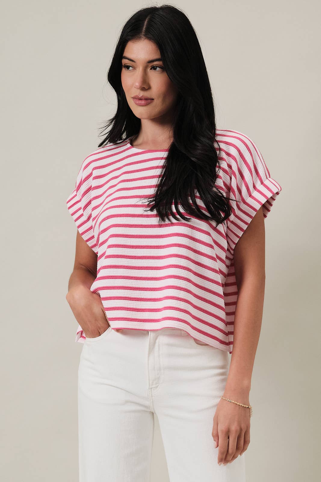 ROUND NECK SHORT SLEEVE ELASTIC CUFF STRIPE TOP