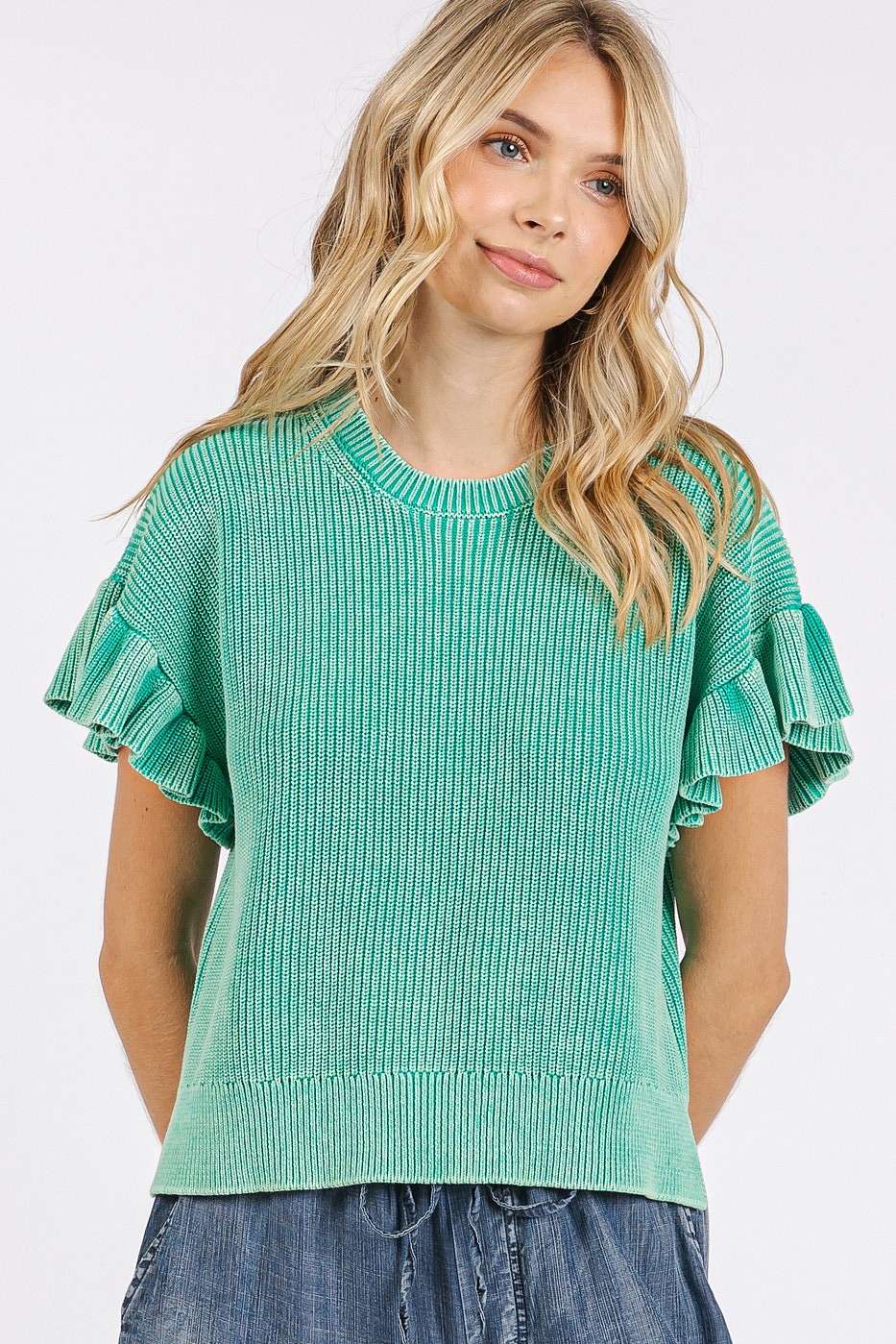 MINERAL WASH RUFFLE SHORT SLEEVE SWEATER TOP
