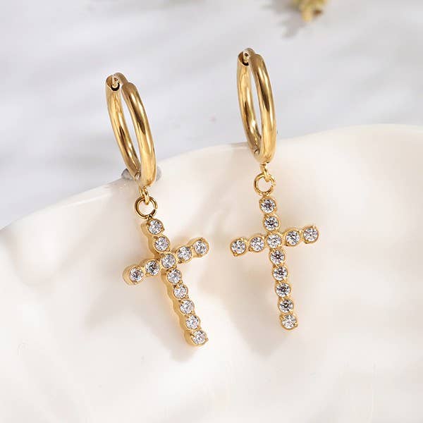 18K STAINLESS STEEL WATERPROOF TARNISH FREE CROSS HOOPS