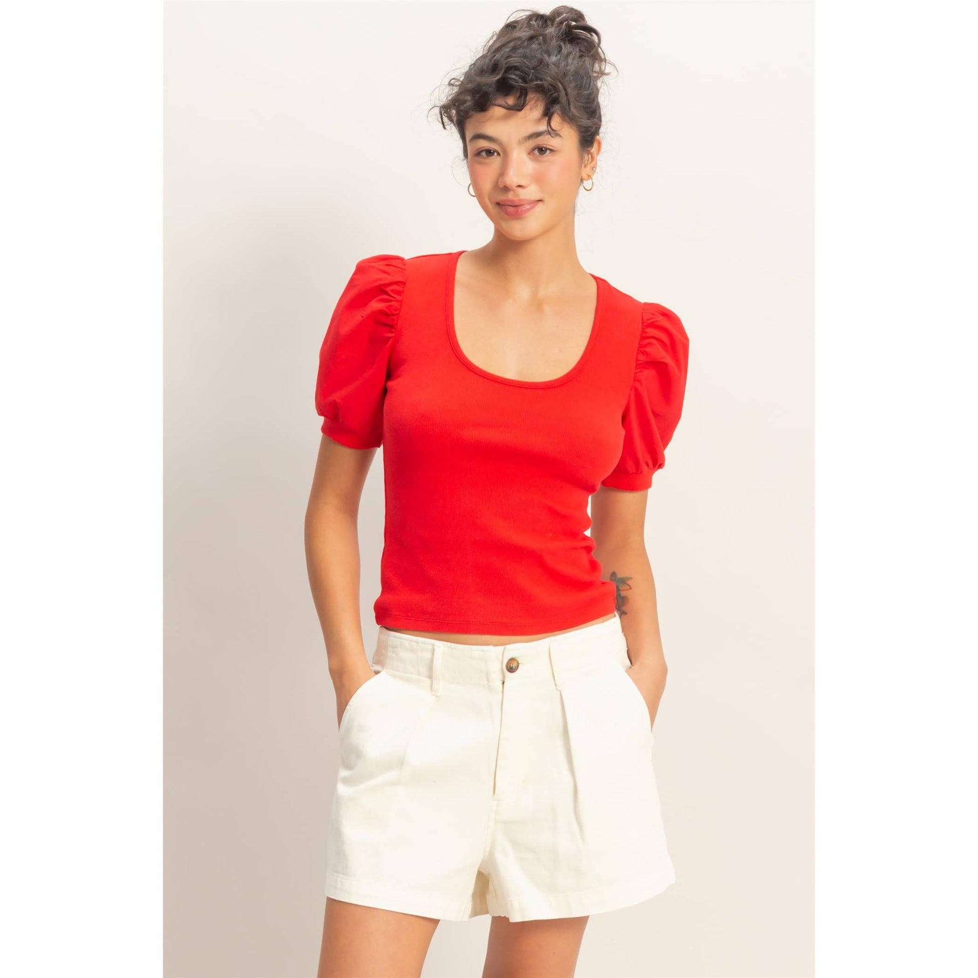 Ribbed Puff Sleeve Scoop Neck Top