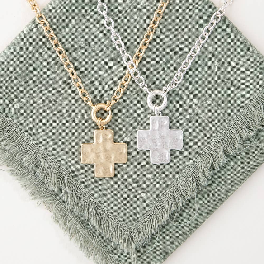 Hammered Square Cross Pendant Chunky Chain Necklace