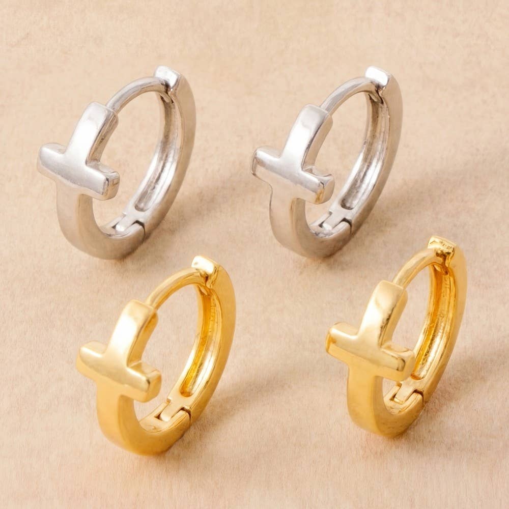 Gold Dipped Minimalist Cross Huggie Hoop Earrings