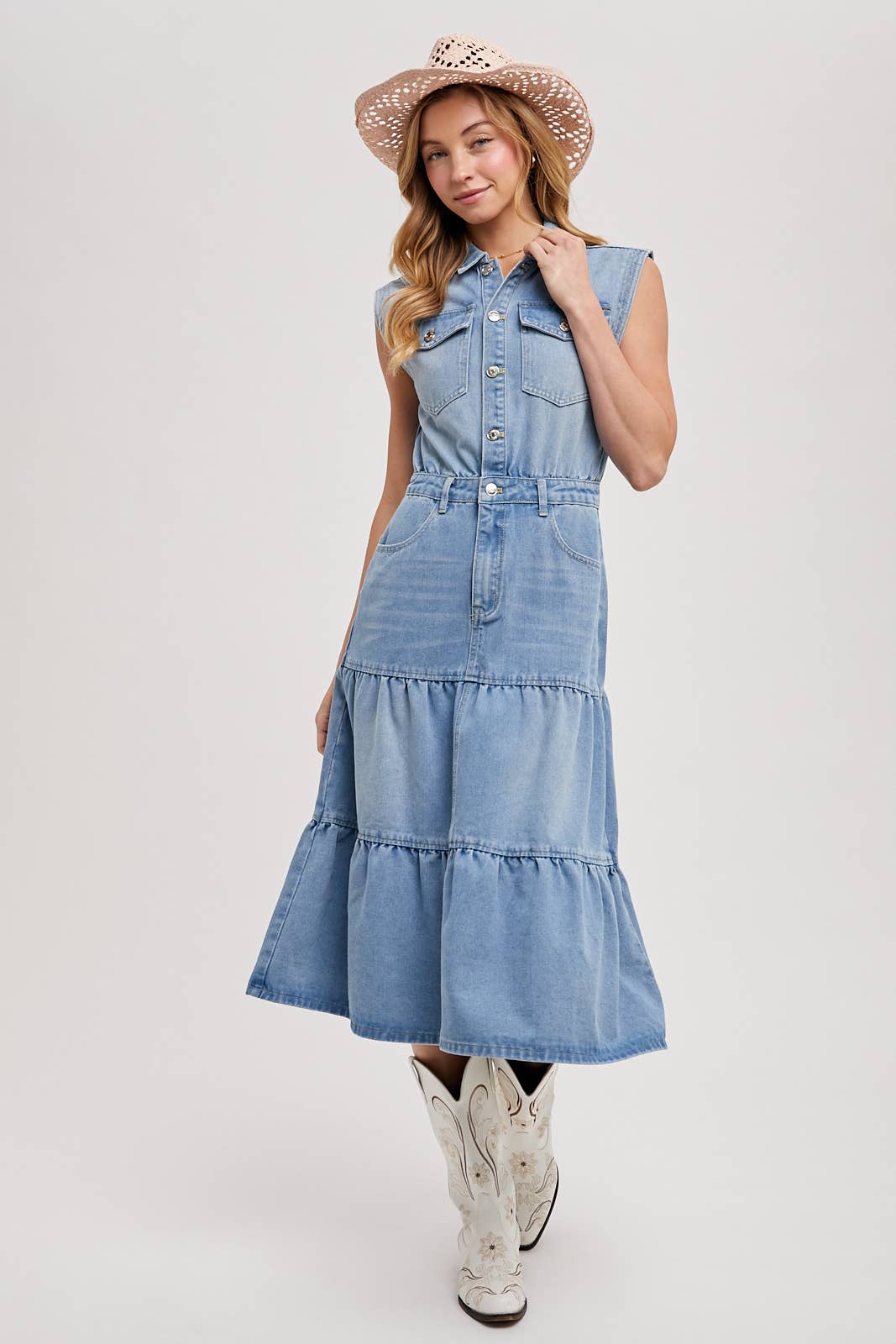 DENIM SLEEVELESS SHIRT TIERED MIDI DRESS