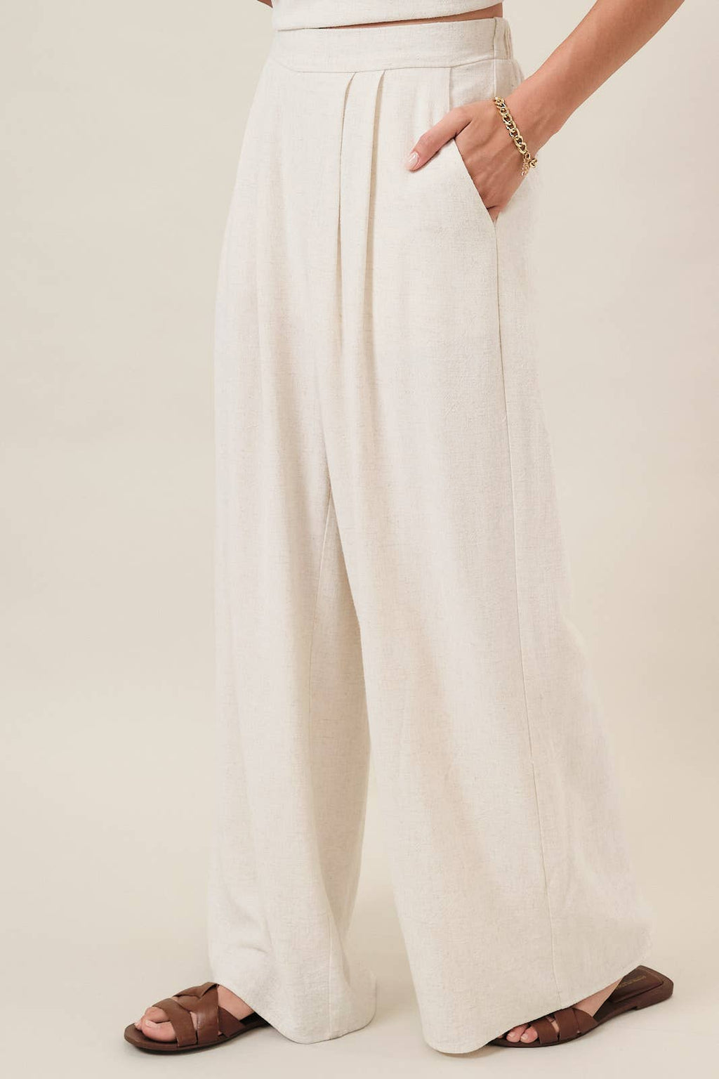 PLEATED DETAIL WIDE LEG LINEN PANTS