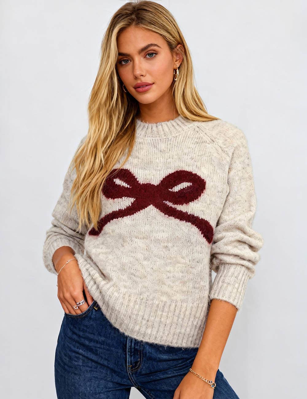 Ladies Round Neck Bow Pattern Ribbed Trim Knit Sweater