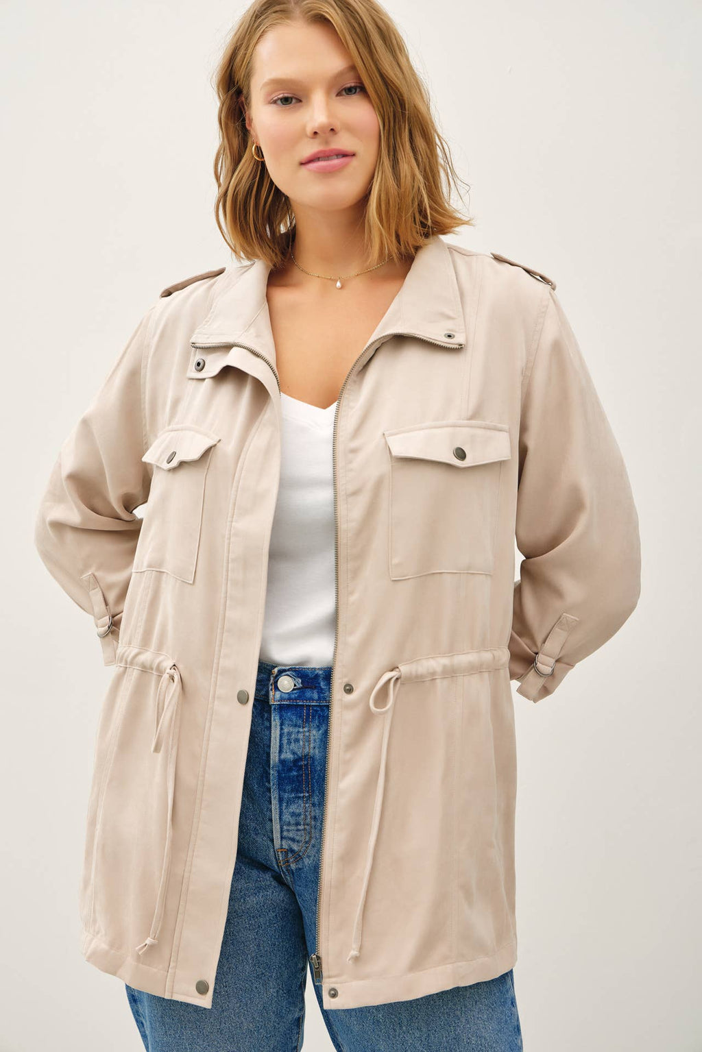 CURVY CINCHED WAIST CARGO UTILITY JACKET