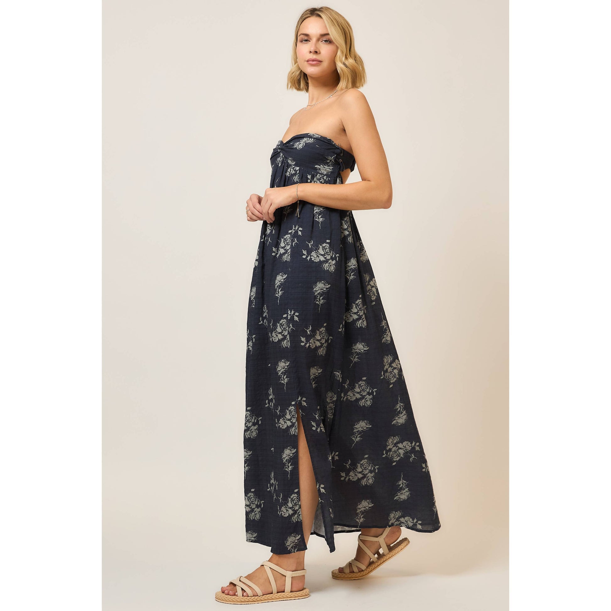 Floral Strapless Open Back Maxi Dress