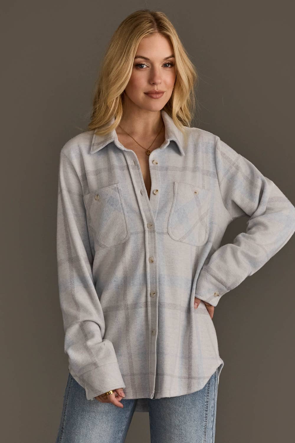 White, Gray & Lt. Blue Plaid Button Up