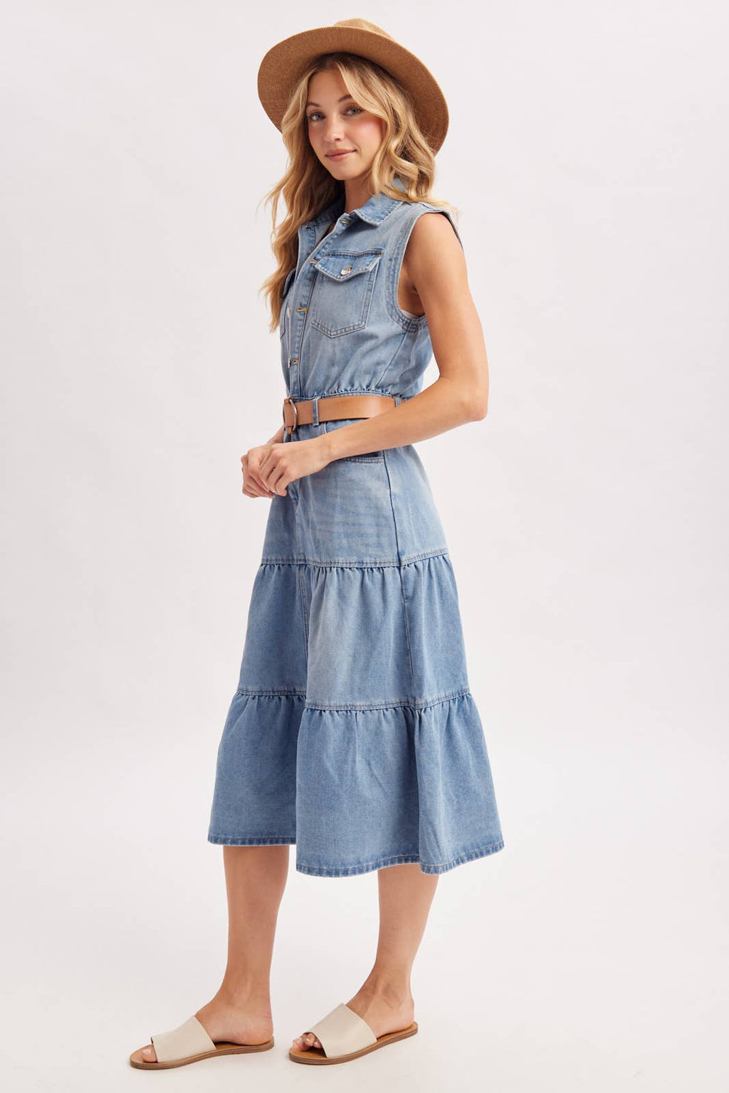 DENIM SLEEVELESS SHIRT TIERED MIDI DRESS