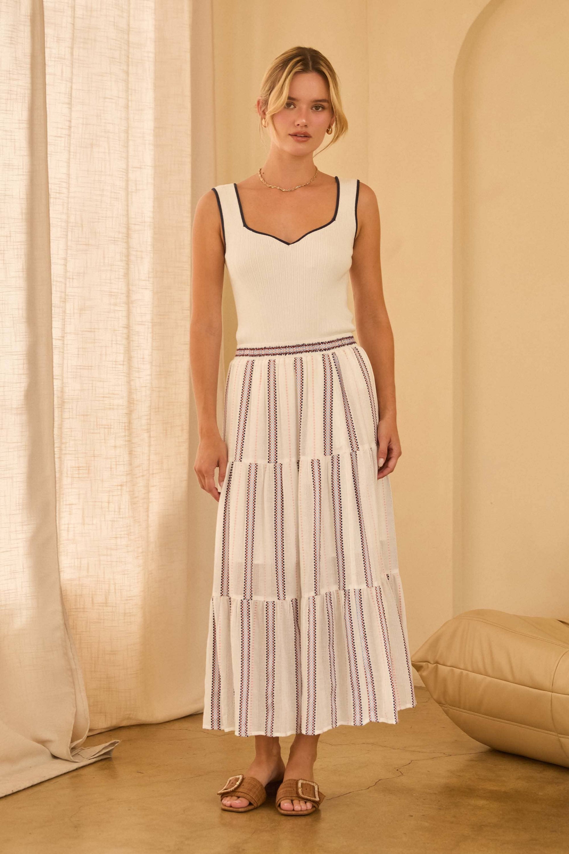 Stripe Tiered Midi Skirt