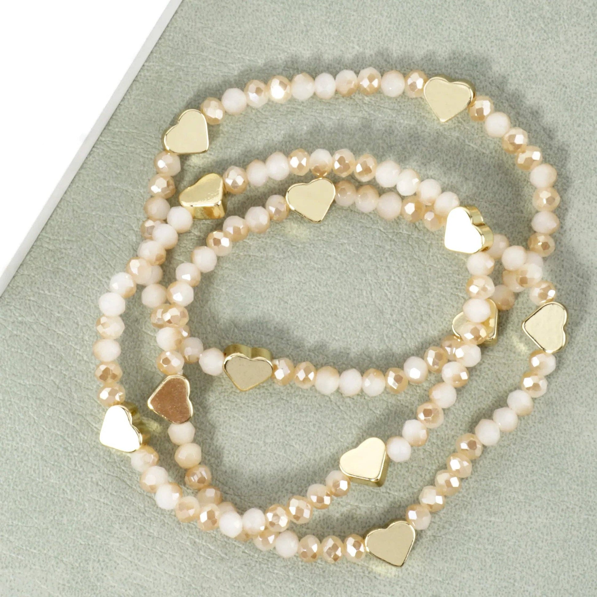 3-PC Set Faceted Glass Beads Hearts Stretch Bracelets