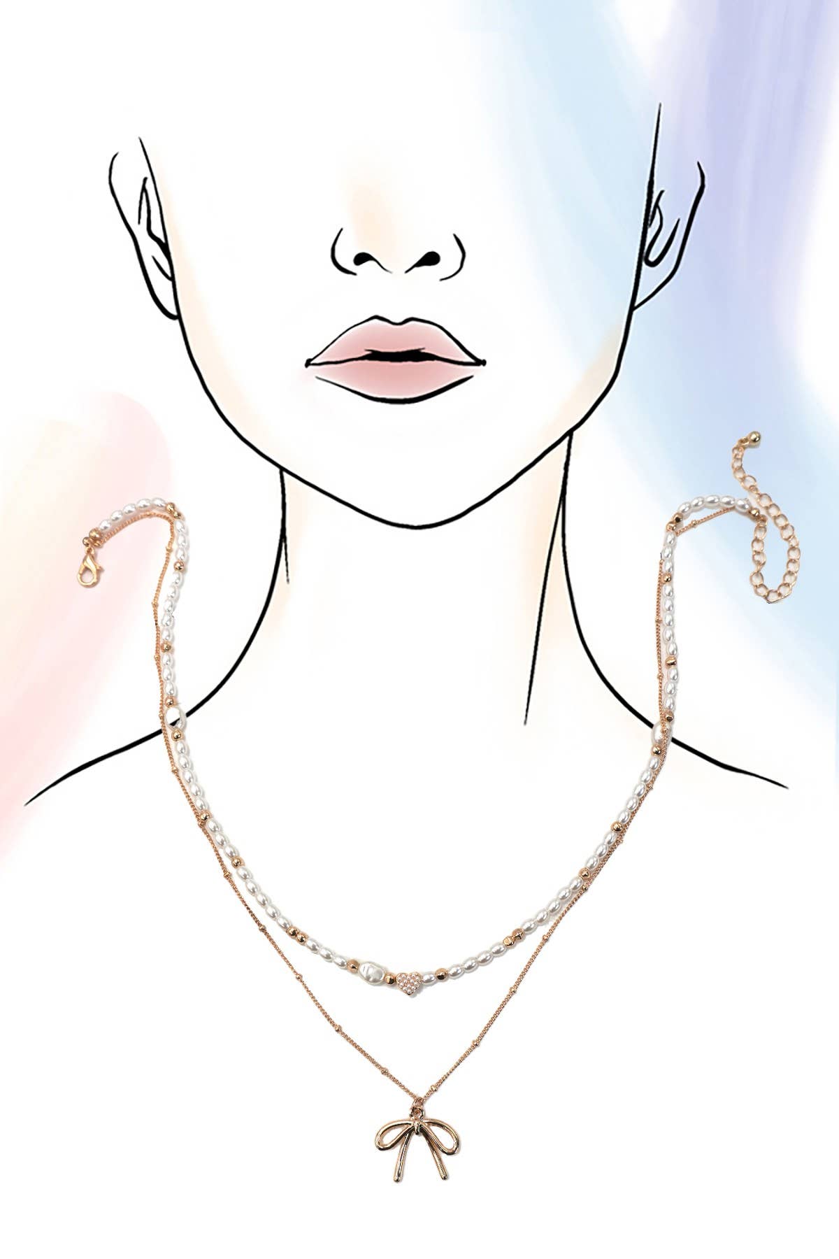 PEARL HEART BOW BALL CHAIN DOUBLE LAYER NECKLACE