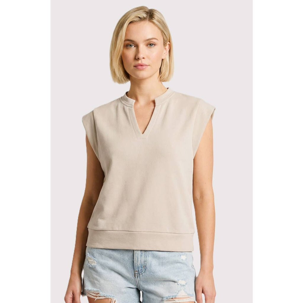 SPLIT NECK CAP SLEEVE SWEATSHIRT