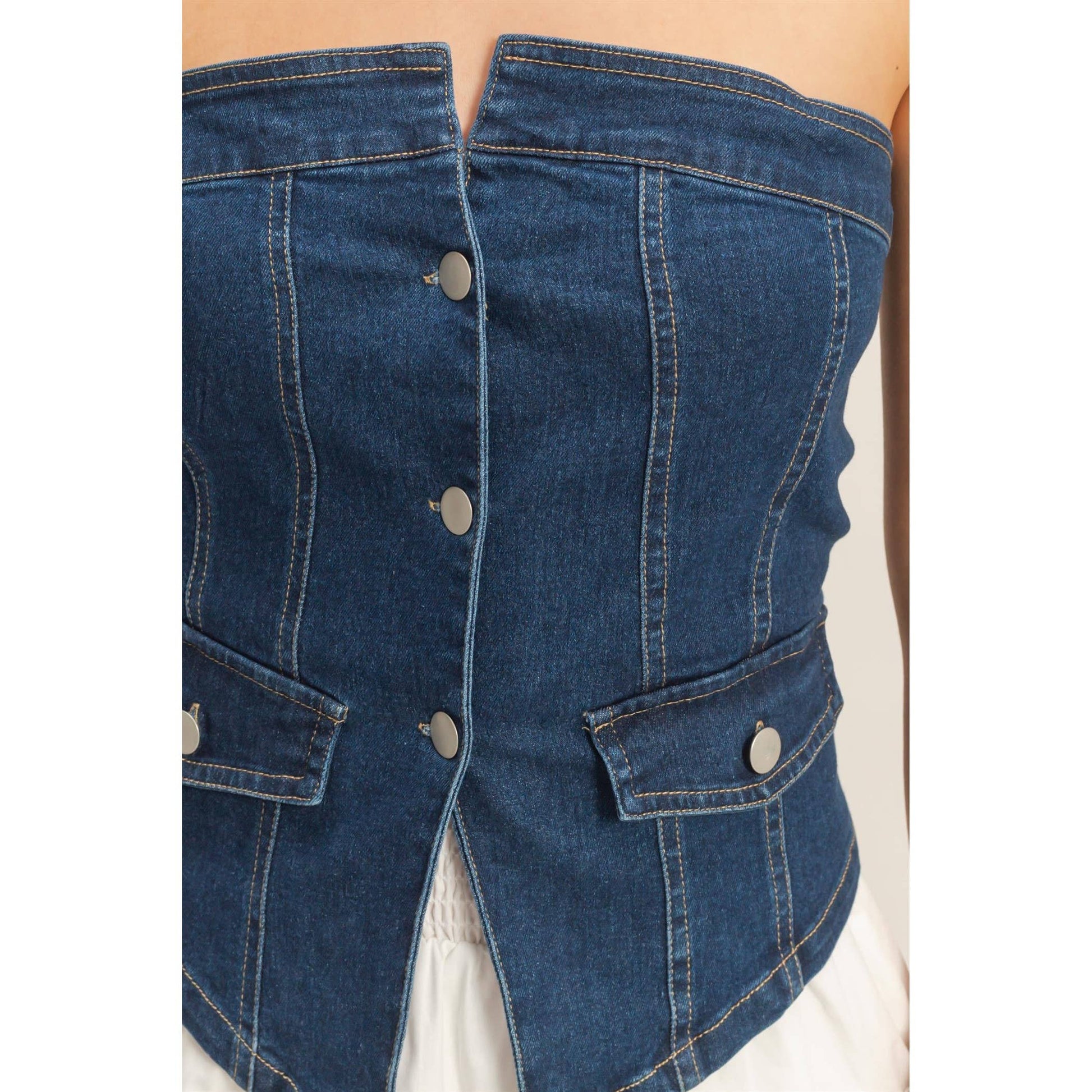 Strapless Button-Up Denim Top