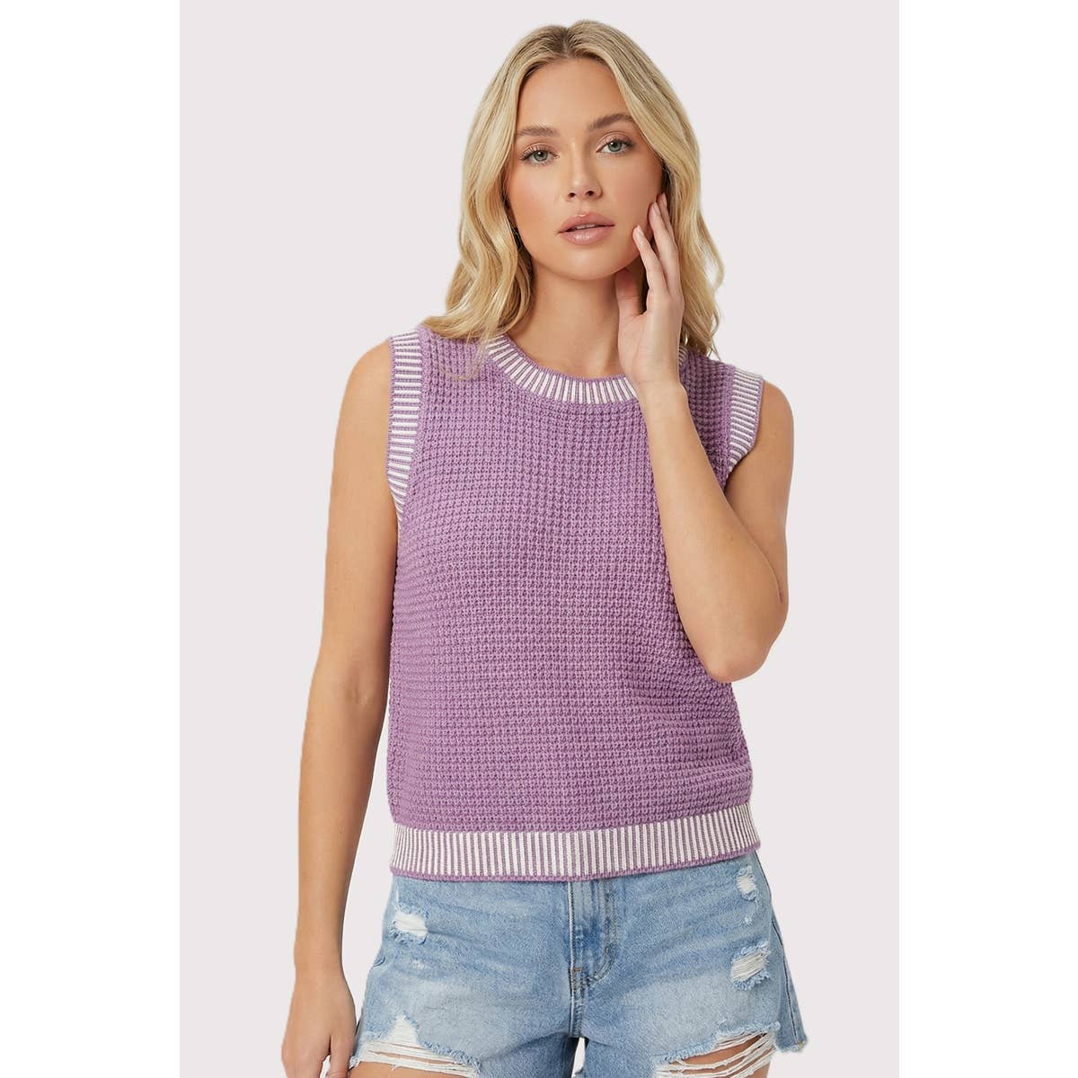 COLOR ACCENTED RIB WAFFLE SWEATER