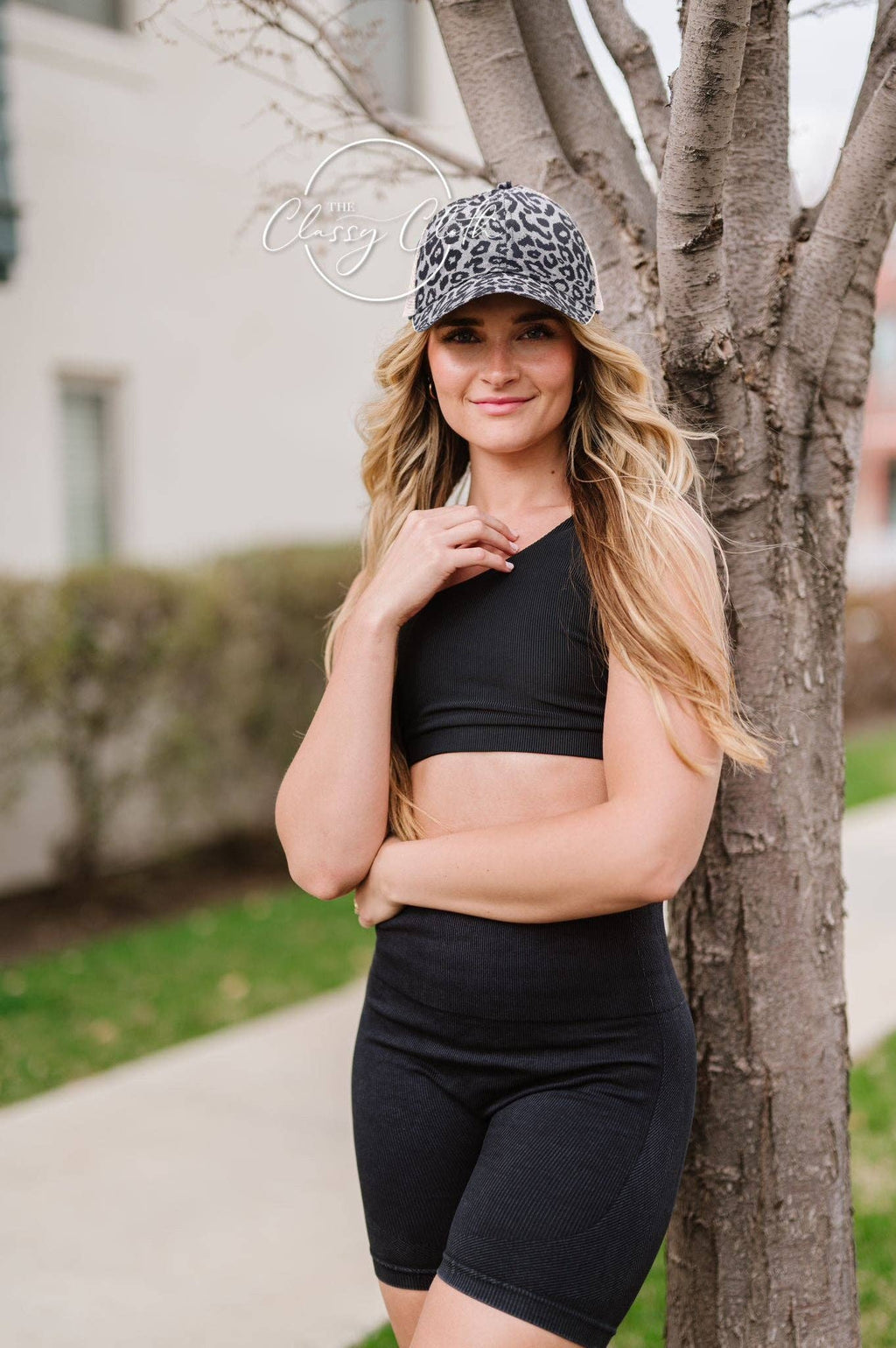 Ponytail Criss Cross Trucker Hat - Grey Leopard
