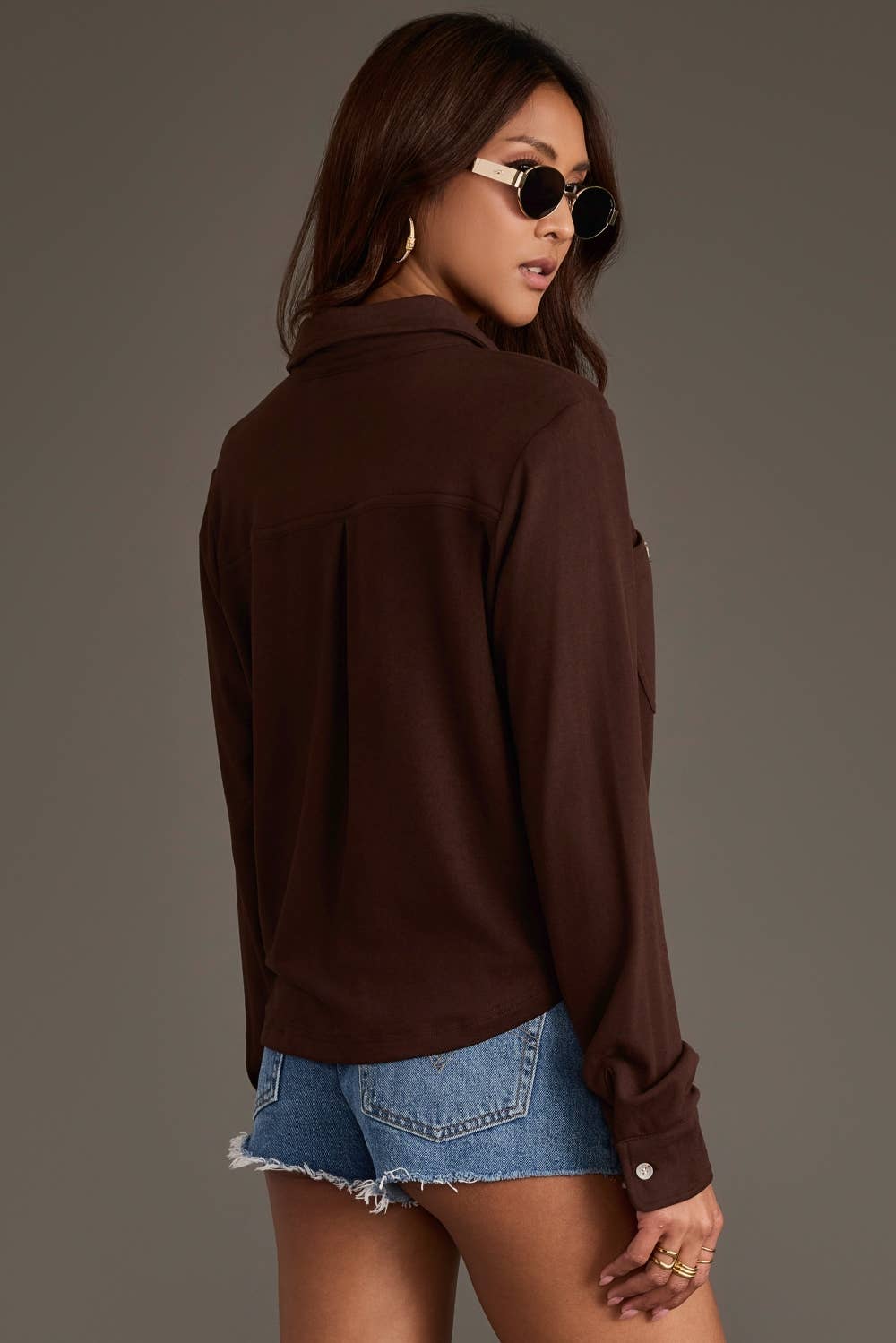 Dk. Brown Cropped Soft Button Up
