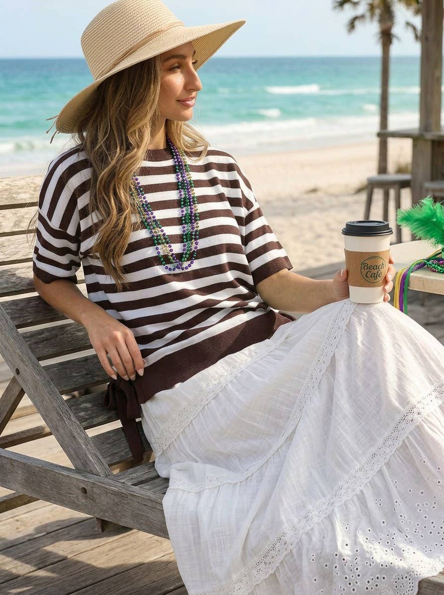 Striped Side Bow Accent Crew Neck Knitted Sweater