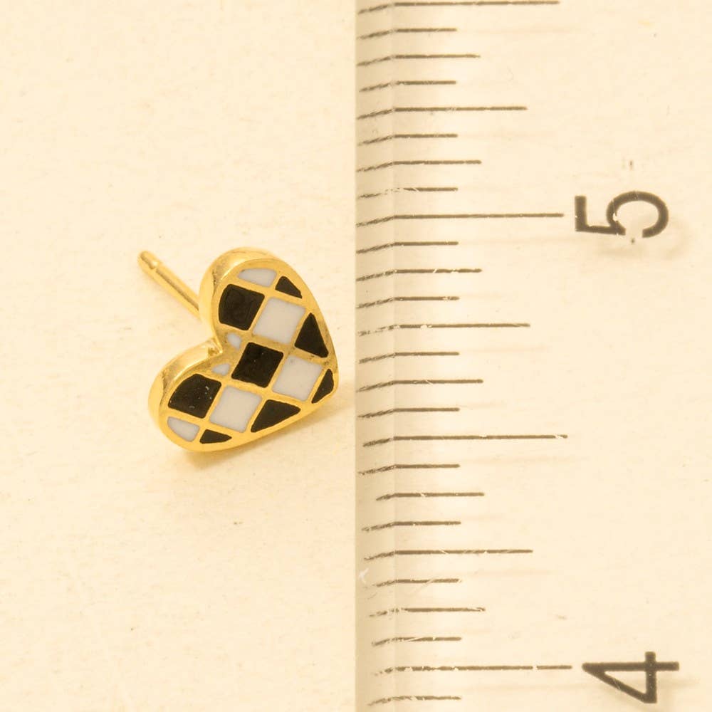Gold Dipped Checkered Heart Stud Earrings