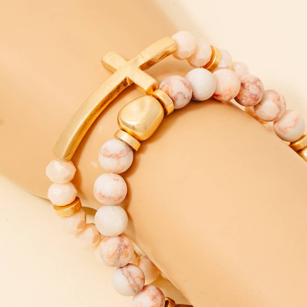 Cross Charm Stone Beaded Bracelet Set