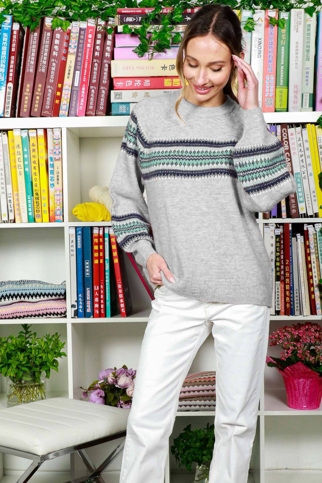 Crew Neck Balloon Sleeve Geo Pattern Printed Sweater