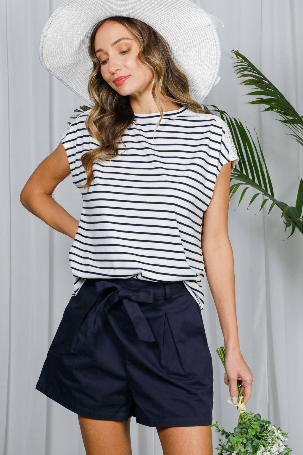 Eyelet Lace Trim Strip Print Cap Sleeve Knit Top