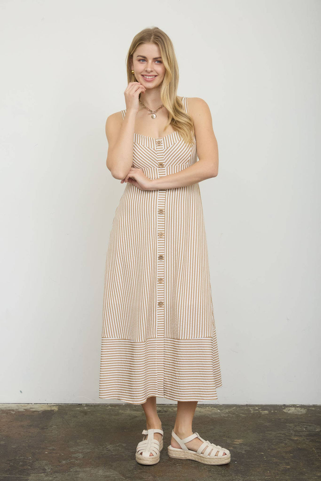 STRIPE SWEETHEART BUTTON DOWN SLEEVELESS MIDI DRESS