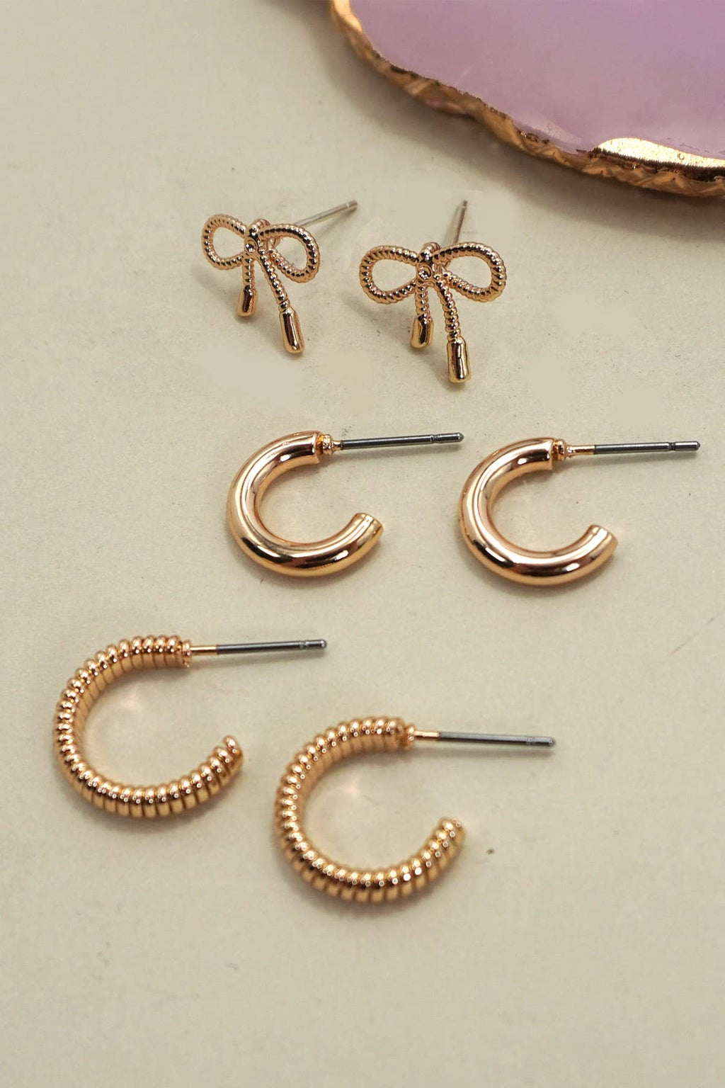 MINI BOW HUGGIE HOOP TRIO EARRINGS