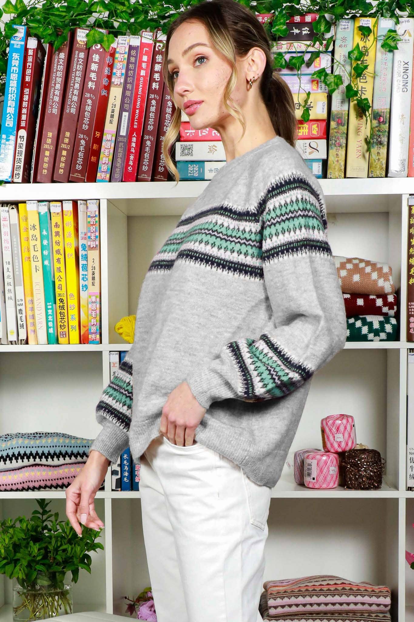 Crew Neck Balloon Sleeve Geo Pattern Printed Sweater