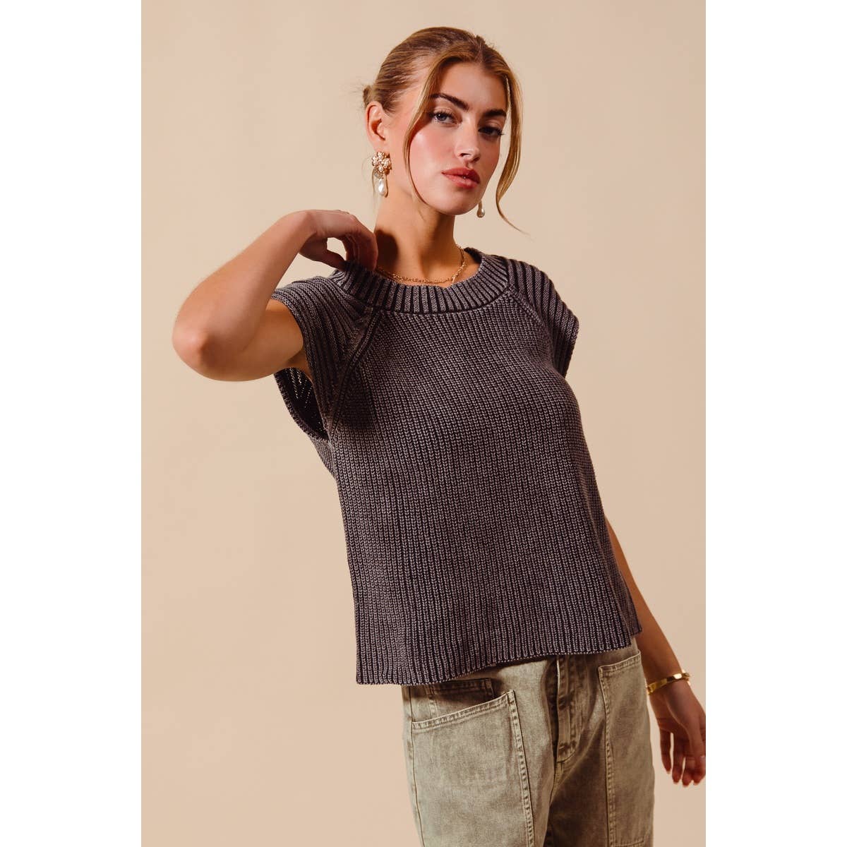 MINERAL WASHED RAGLAN SLEEVELESS SWEATER TOP