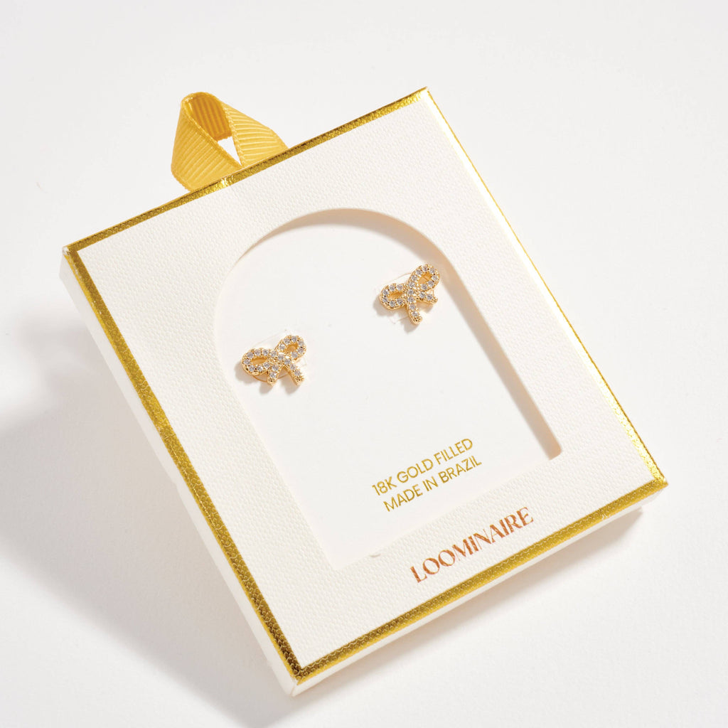 Gold Filled Bow Stud Earrings with Sparkling CZ Accents