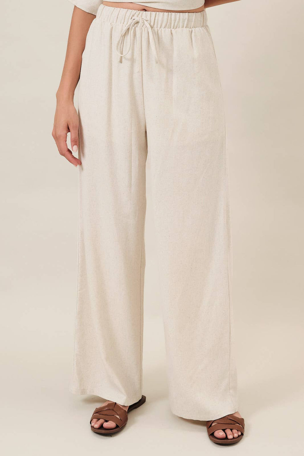 ELASTIC WAIST DRAWSTRING BACK PATCH POCKET WIDE LINEN PANTS