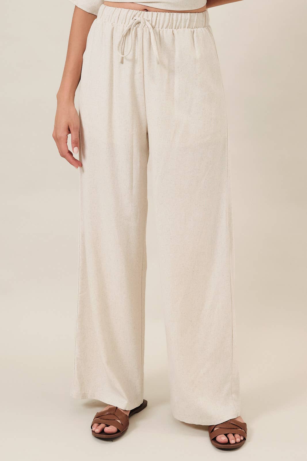 ELASTIC WAIST DRAWSTRING BACK PATCH POCKET WIDE LINEN PANTS