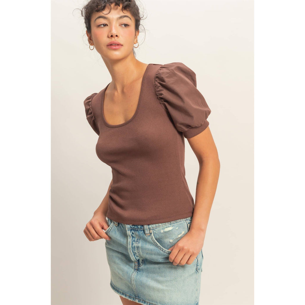 Ribbed Puff Sleeve Scoop Neck Top