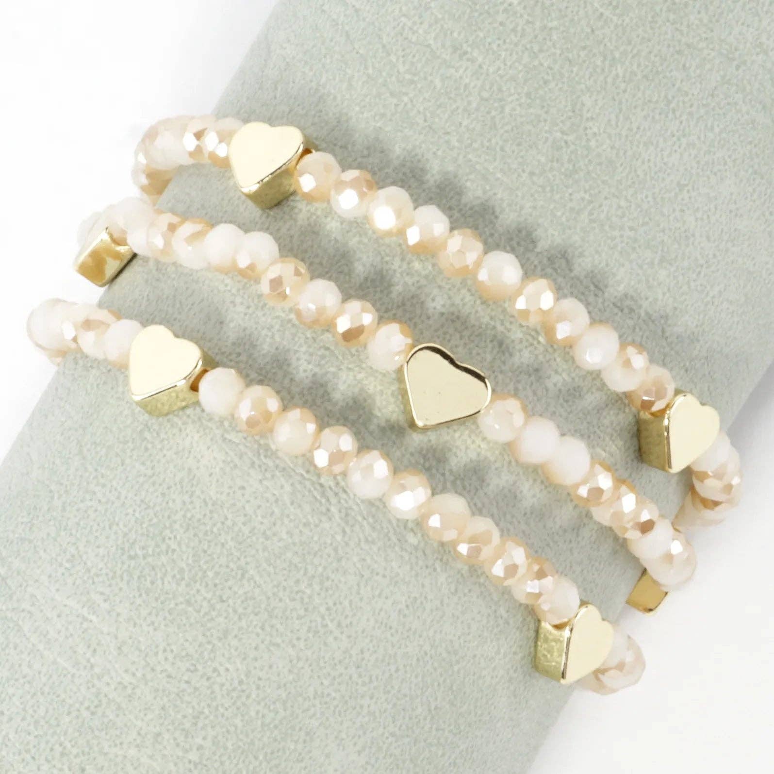 3-PC Set Faceted Glass Beads Hearts Stretch Bracelets