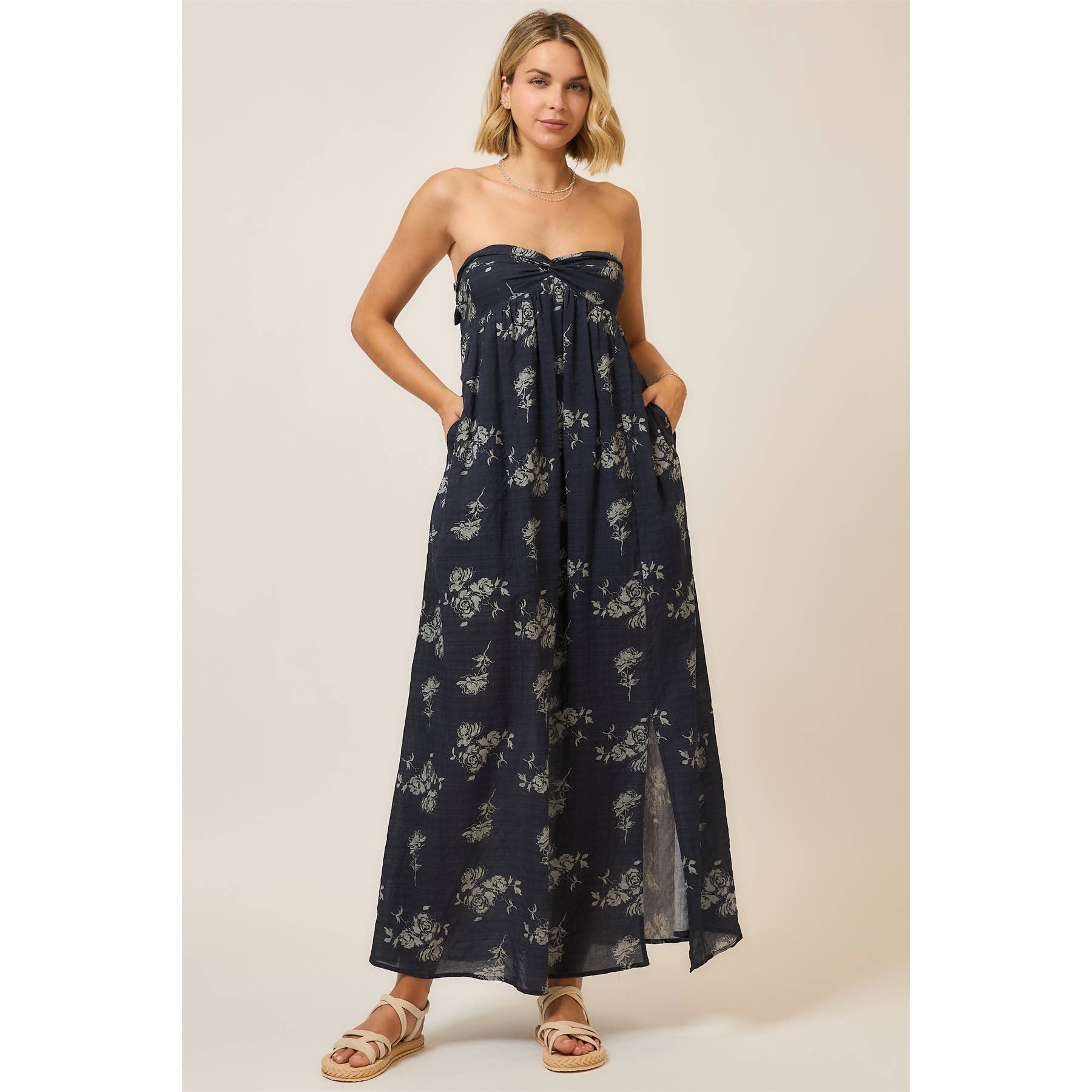 Floral Strapless Open Back Maxi Dress