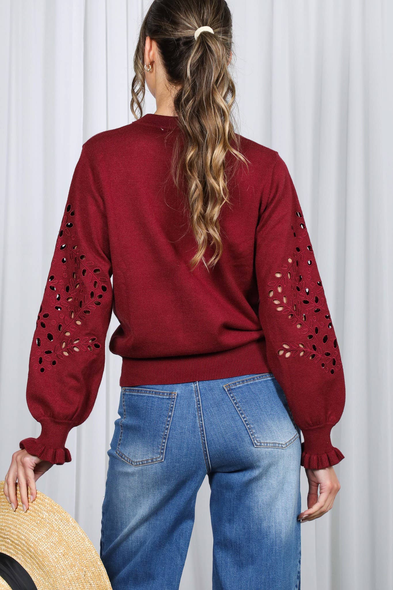 Crewneck Long Sleeve Cutwork Embroidered Sweater