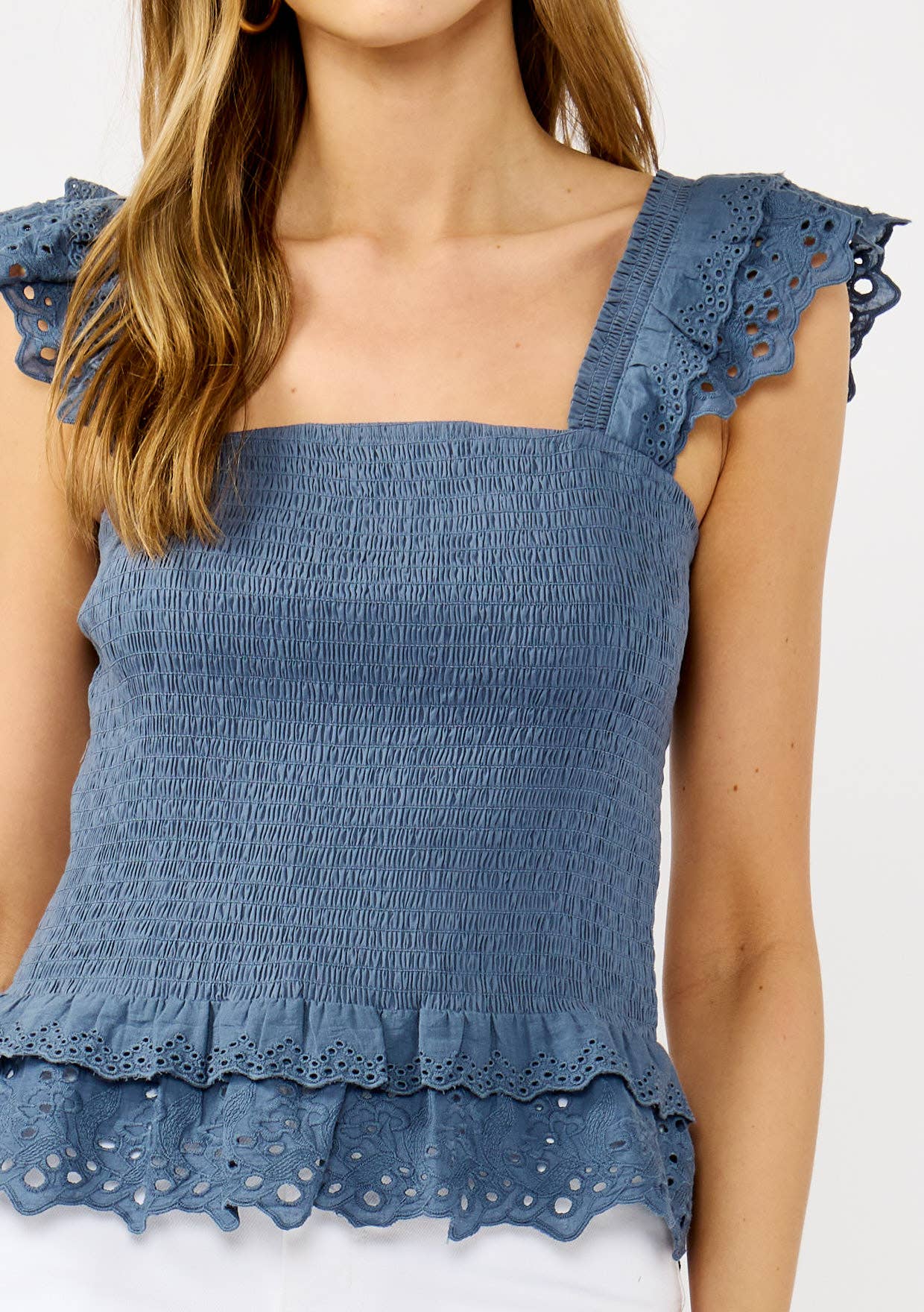 Smocked Scallop Lace Ruffle Top