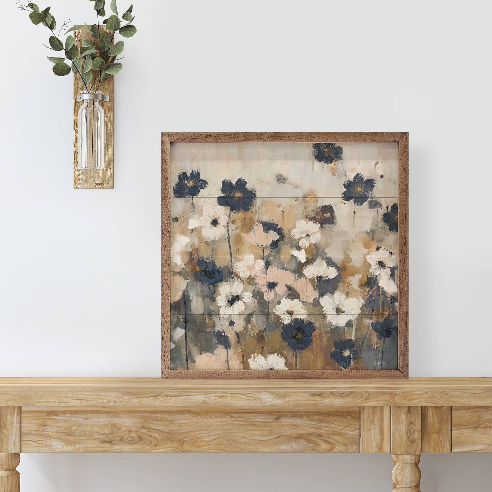 Abstracted Florals 2 Neutral Wooden Sign 12 x 12