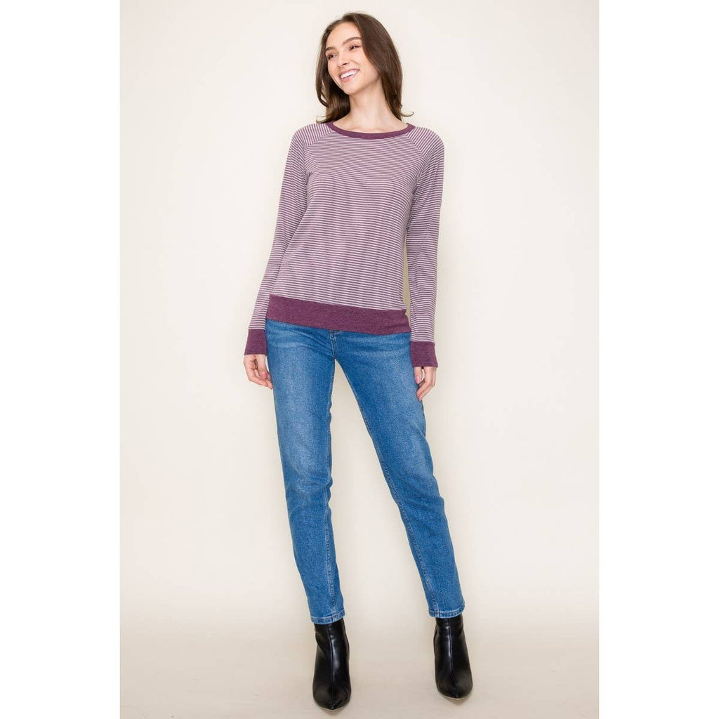 LONG RAGLAN SLEEVE COLOR TRIMMED STRIPED TERRY TOP